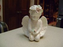 A Porcelain Kneeling Cherub Angel -- All White w/2 Pale Pink Roses in Kingwood, Texas